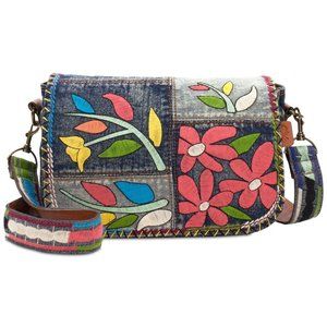 Patricia Nash Women's Blue Floral Embroidery Rosa Square Flap Small Saddle Bag